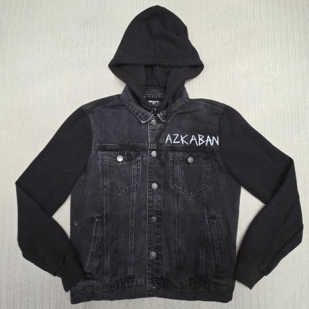 Forever 21 Jacket Mens Small Black Denim Hooded Azkaban Death Eater Hand Painted
